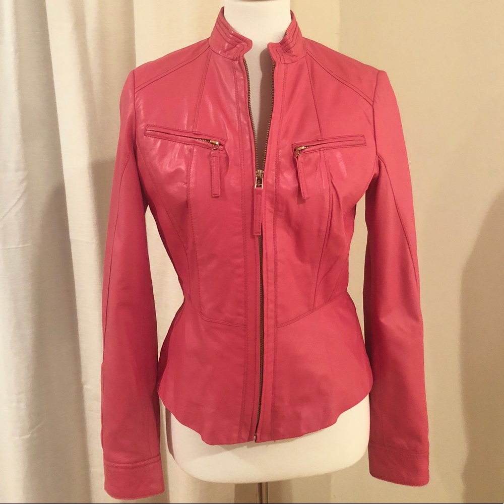 Neiman Marcus Pink Leather Jacket gold zippers